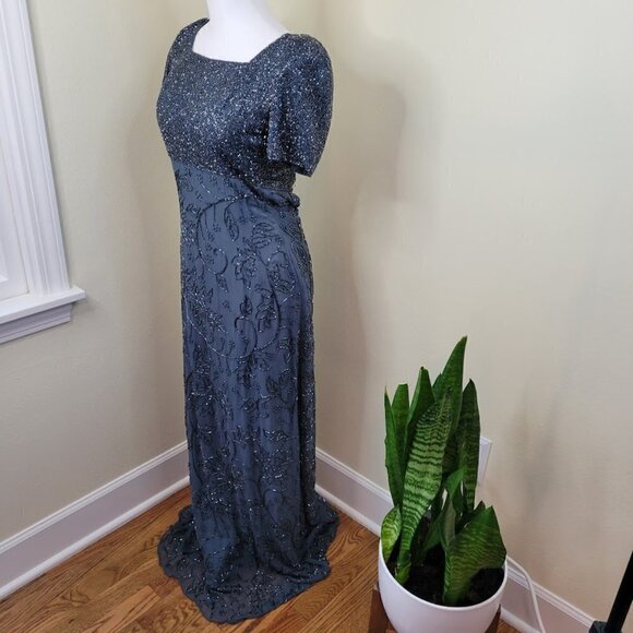 Sean Collection Beaded Long Gown Short Sleeve High Waist Blue Gray Dress Size Sm - Picture 4 of 15